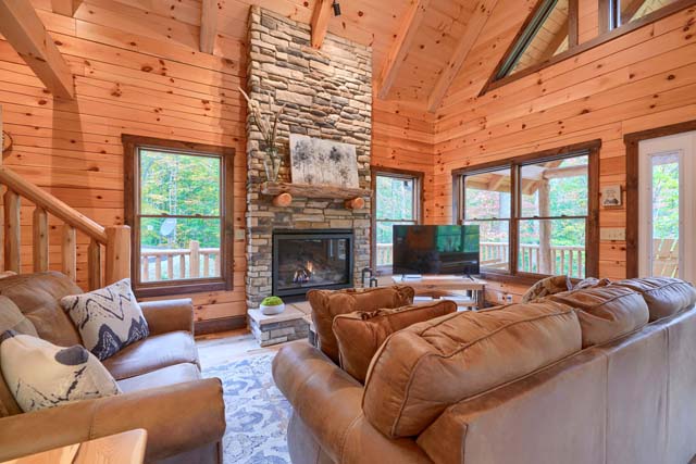 Warm log cabin living room in natural tones