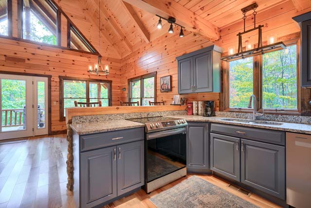 Warm log cabin kitchen perfect for family cooking