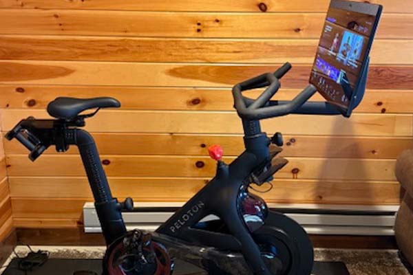 Lower-level rec room with a Peloton exercise bike on a mat, leather loveseats and windows to the woods